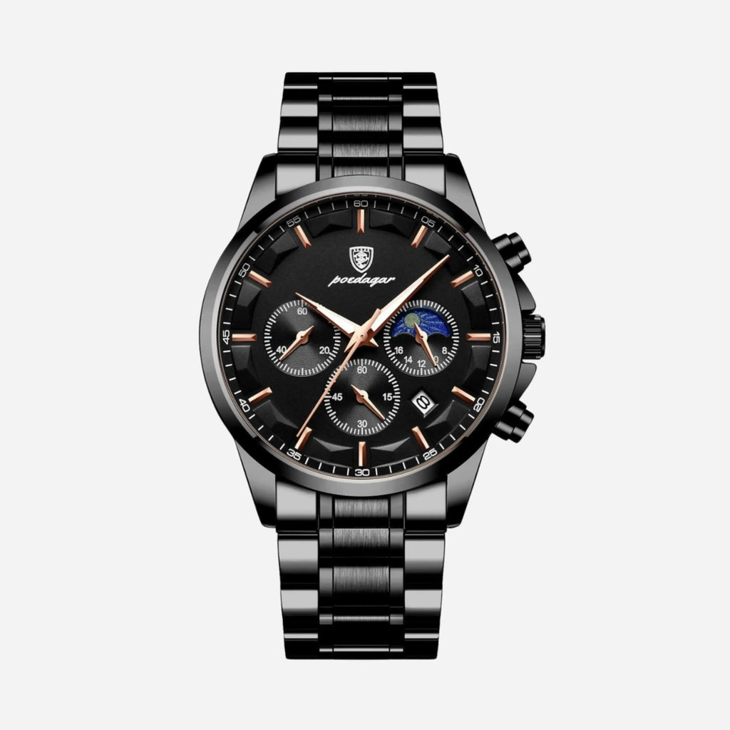 Luksusowy męski zegarek sportowy z mechanizmem kwarcowym, chronografem i skórzanym paskiem