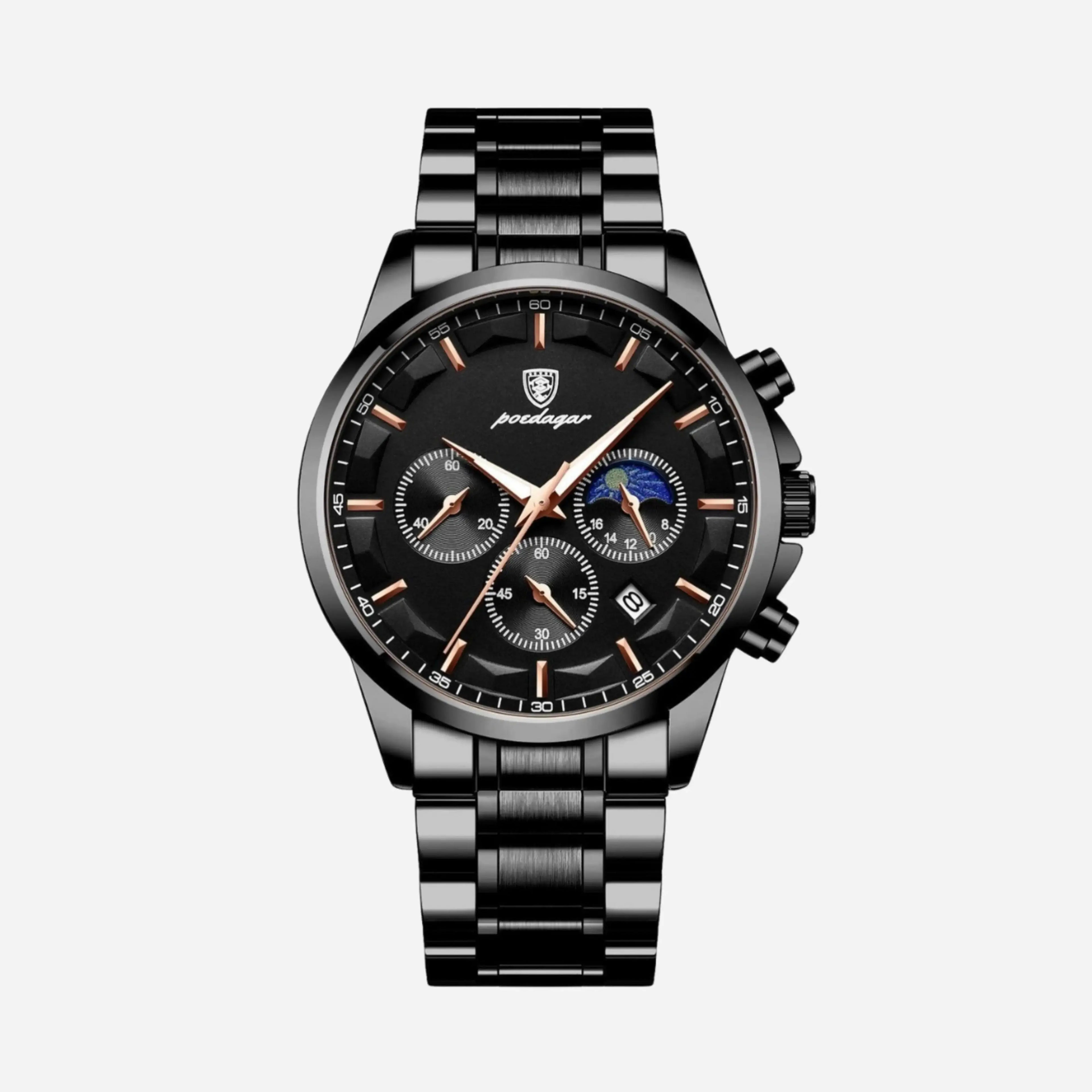 Luksusowy męski zegarek sportowy z mechanizmem kwarcowym, chronografem i skórzanym paskiem