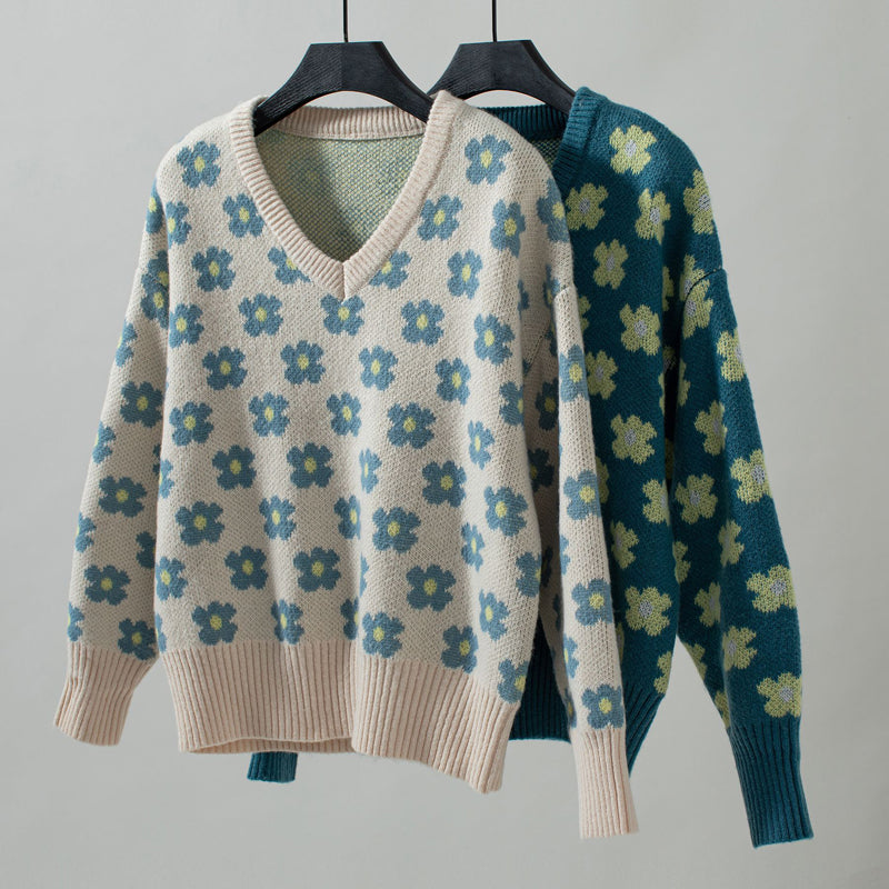 Luźny Kwiatowy Sweter