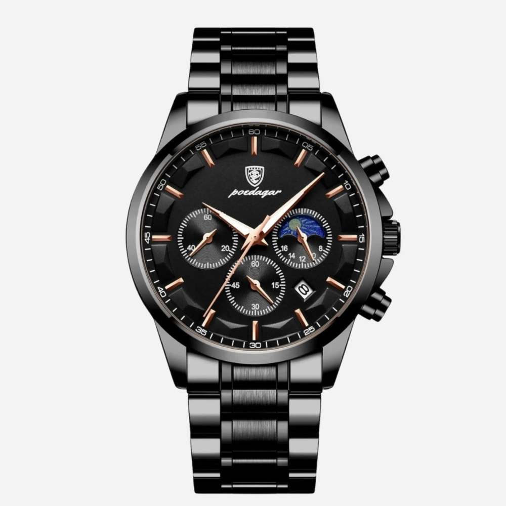 Luksusowy męski zegarek sportowy z mechanizmem kwarcowym, chronografem i skórzanym paskiem
